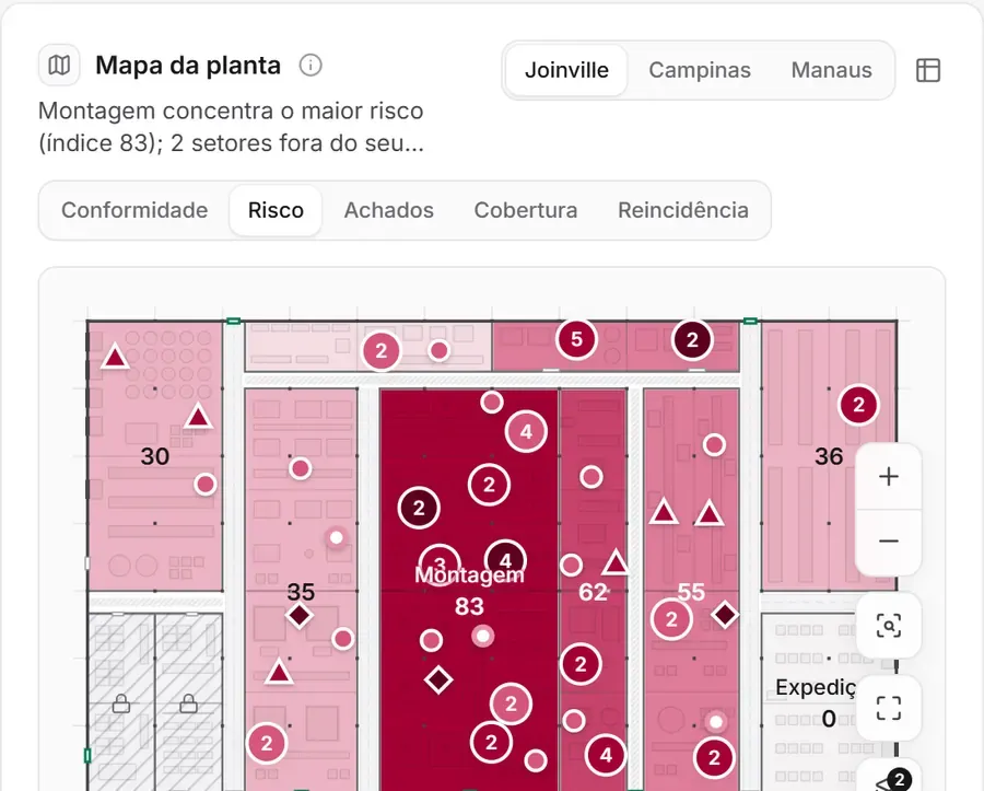 Mapa da planta no Auditrax com mapa de calor de risco por setor e área