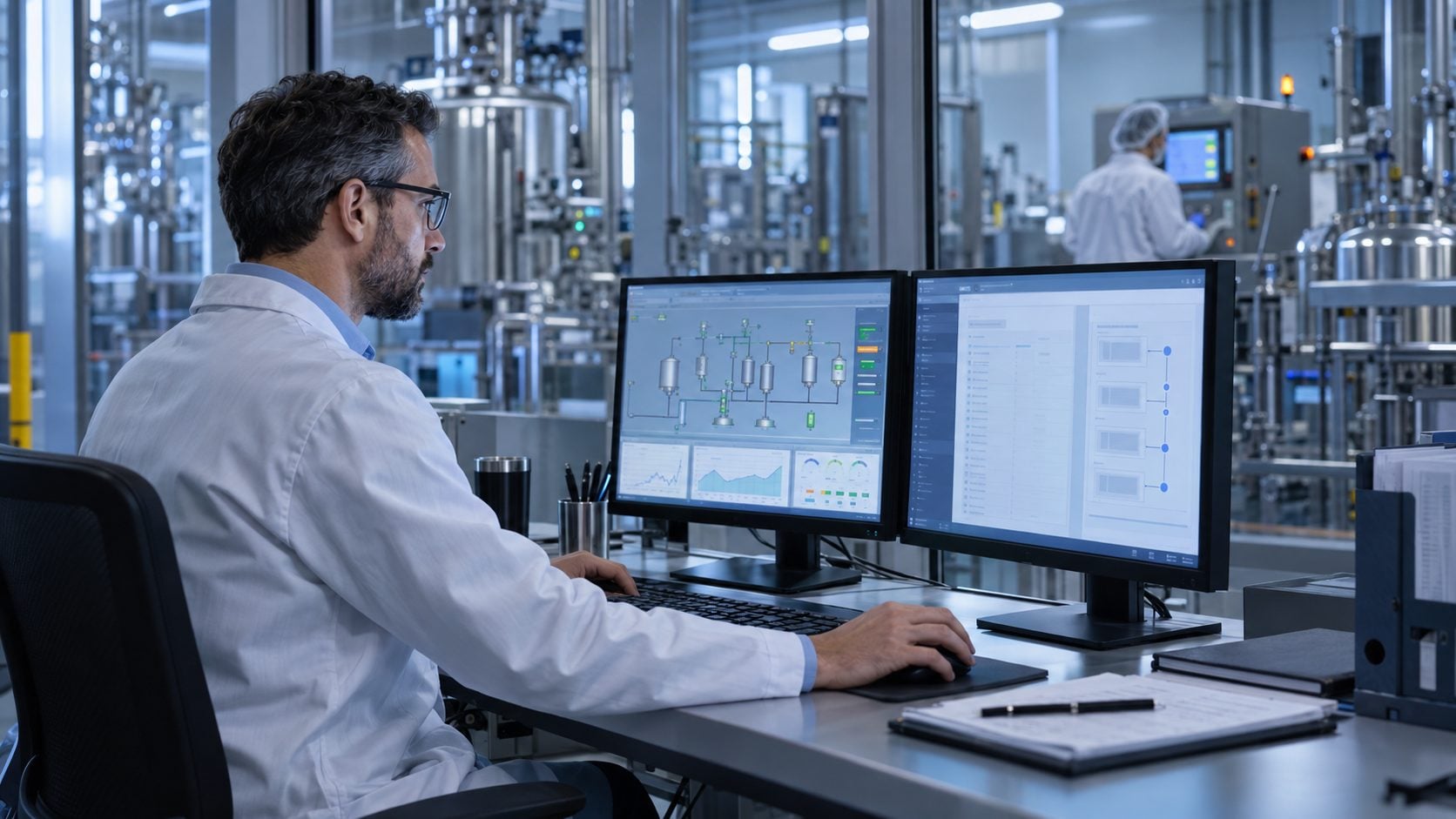 Especialista da Soluqtion monitorando sistemas e dados de processos em ambiente regulamentado