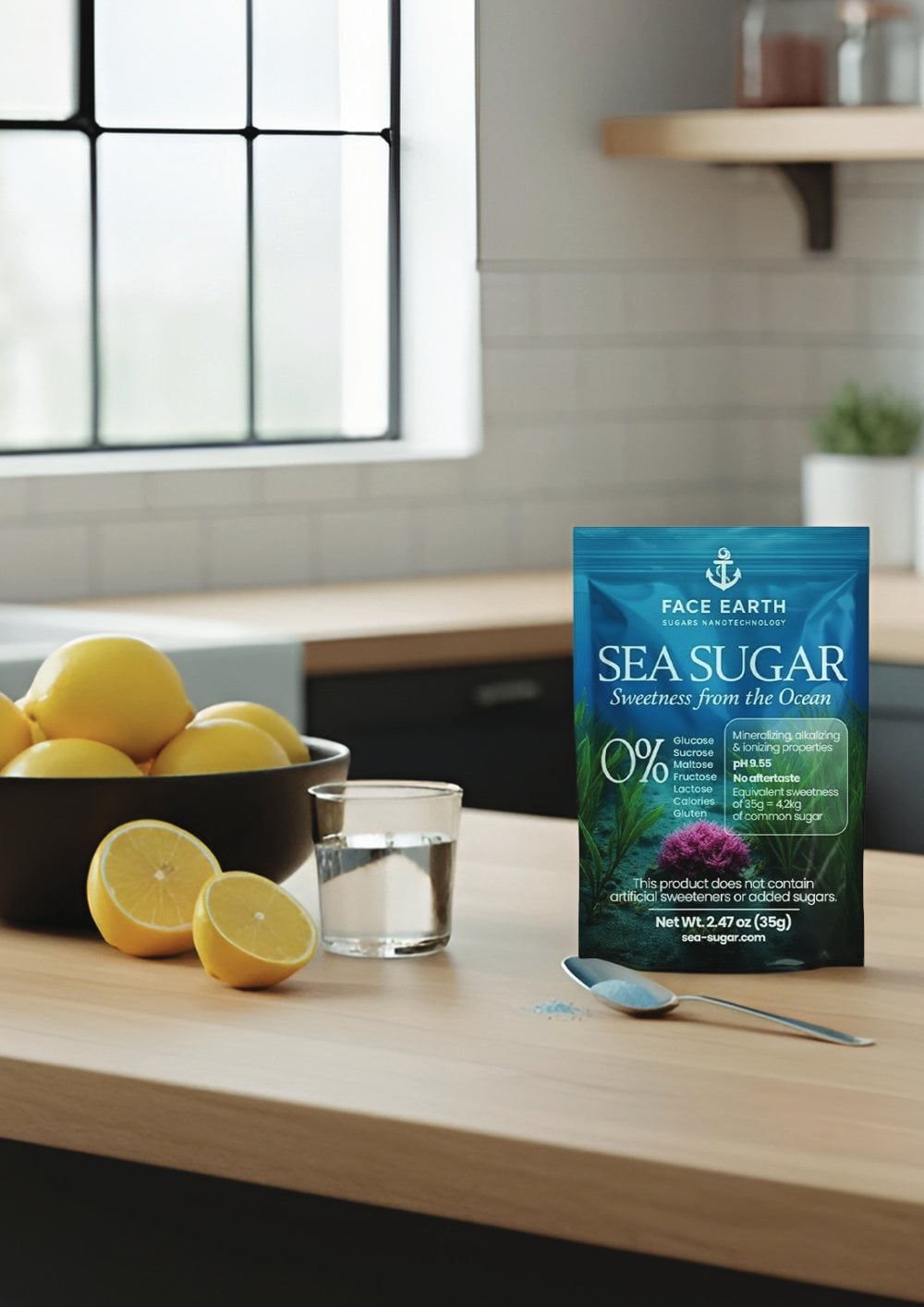 Sea Sugar pouch on a kitchen counter with lemons