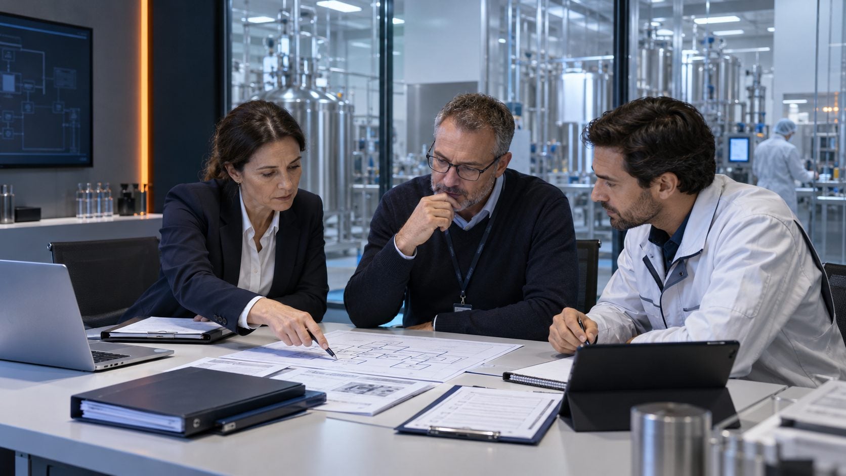 Equipe da Soluqtion em reunião técnica de validação em ambiente industrial regulamentado
