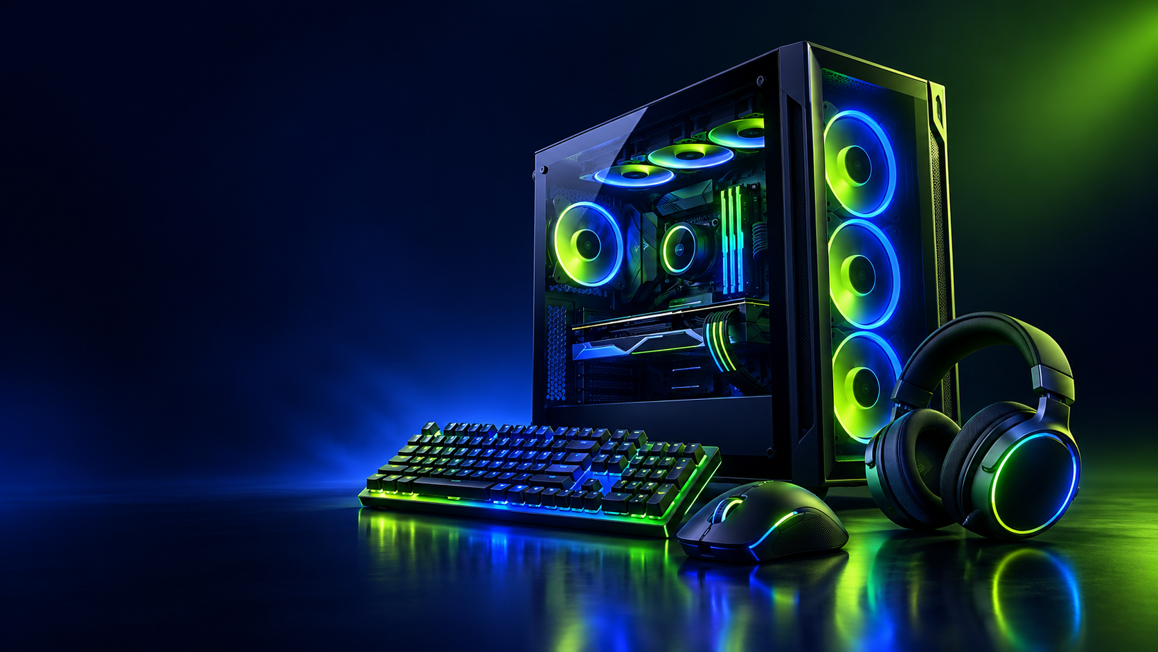 Setup gamer com PC, teclado, mouse e headset RGB