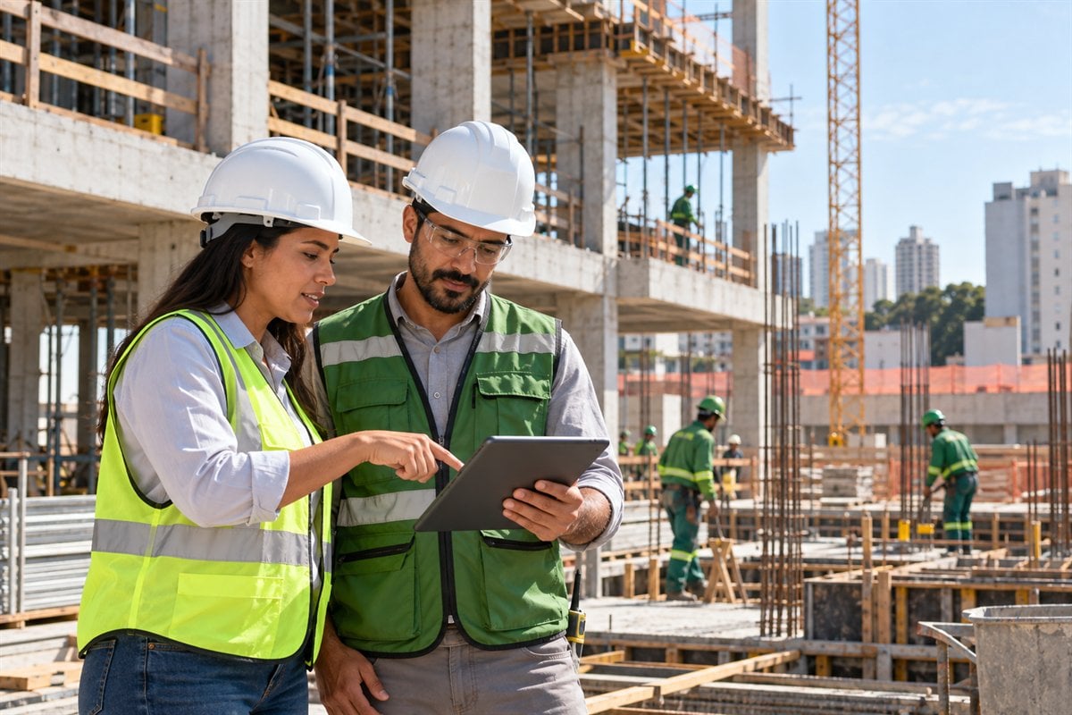 Engenheiros coordenando uma obra com apoio de dados em um tablet