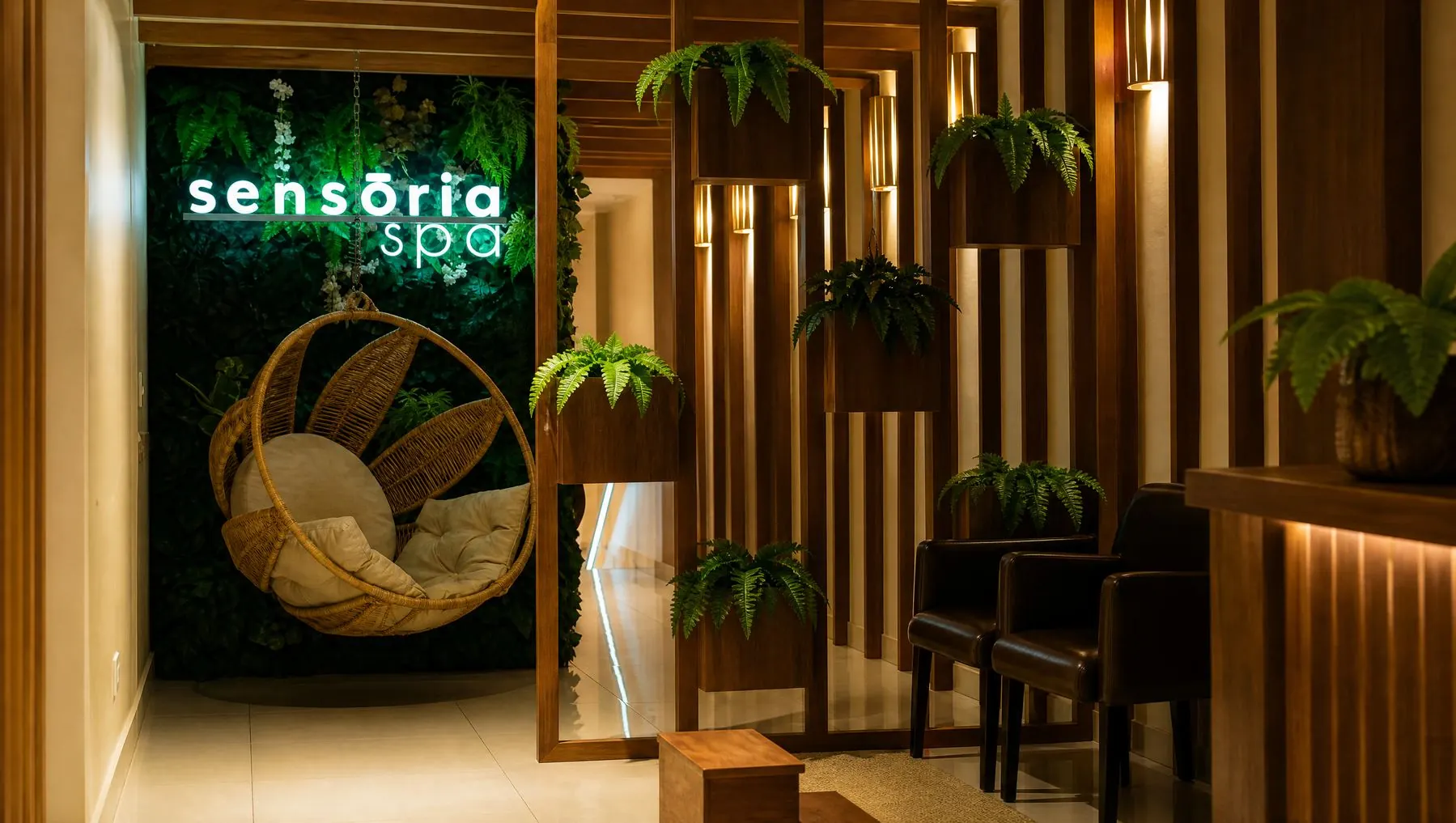 Recepção da unidade Sensória Spa — parede verde, cadeira suspensa e jardim vertical