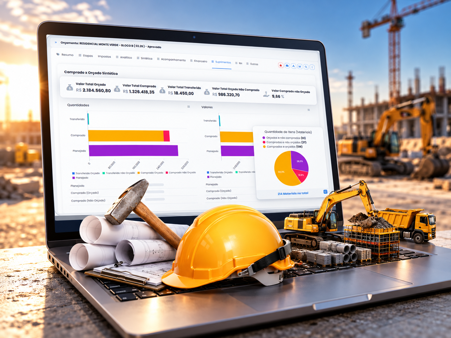 Notebook com o sistema SIGO em um canteiro de obras, com capacete, projetos e equipamentos de construção
