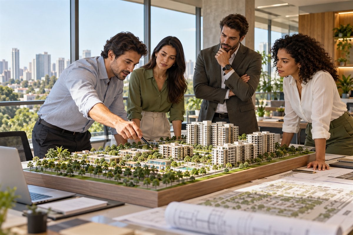Equipe de incorporação analisando a maquete de um empreendimento