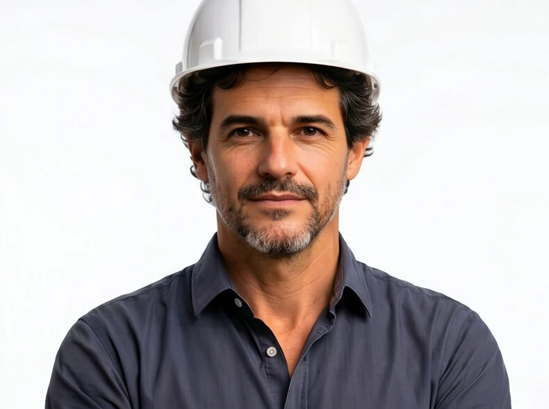 Profissional de obra sorrindo, usando capacete branco