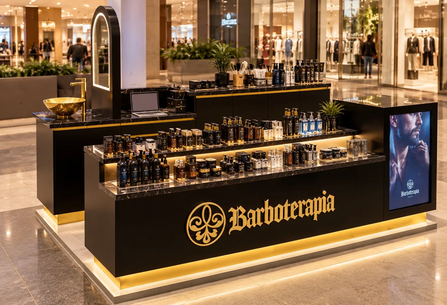 Vitrine iluminada com os produtos Barboterapia