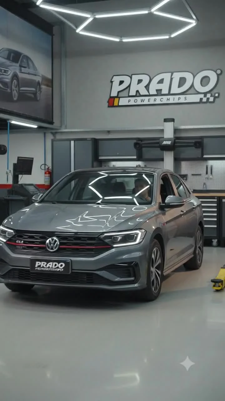 Carro em ambiente de oficina com identidade Prado Powerchips