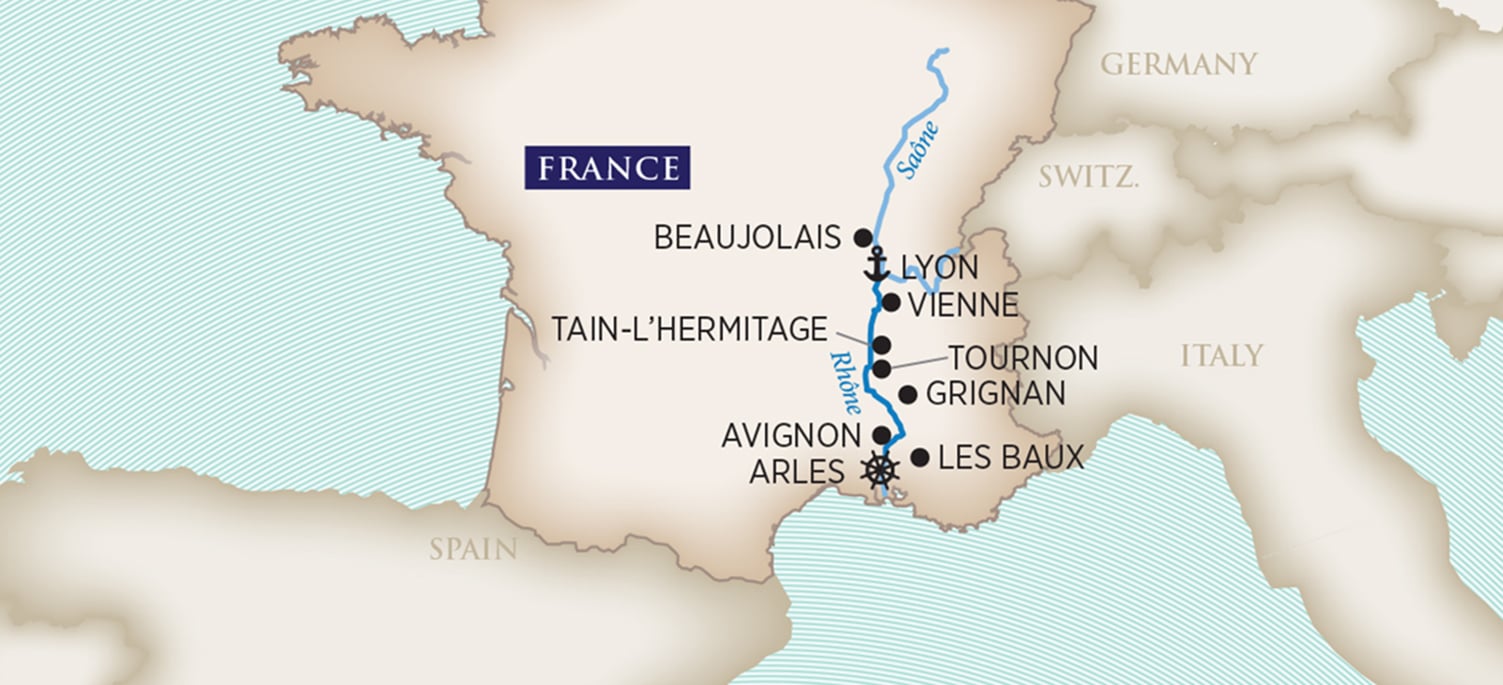 Mapa do roteiro Colors of Provence entre Arles e Lyon pelo rio Ródano