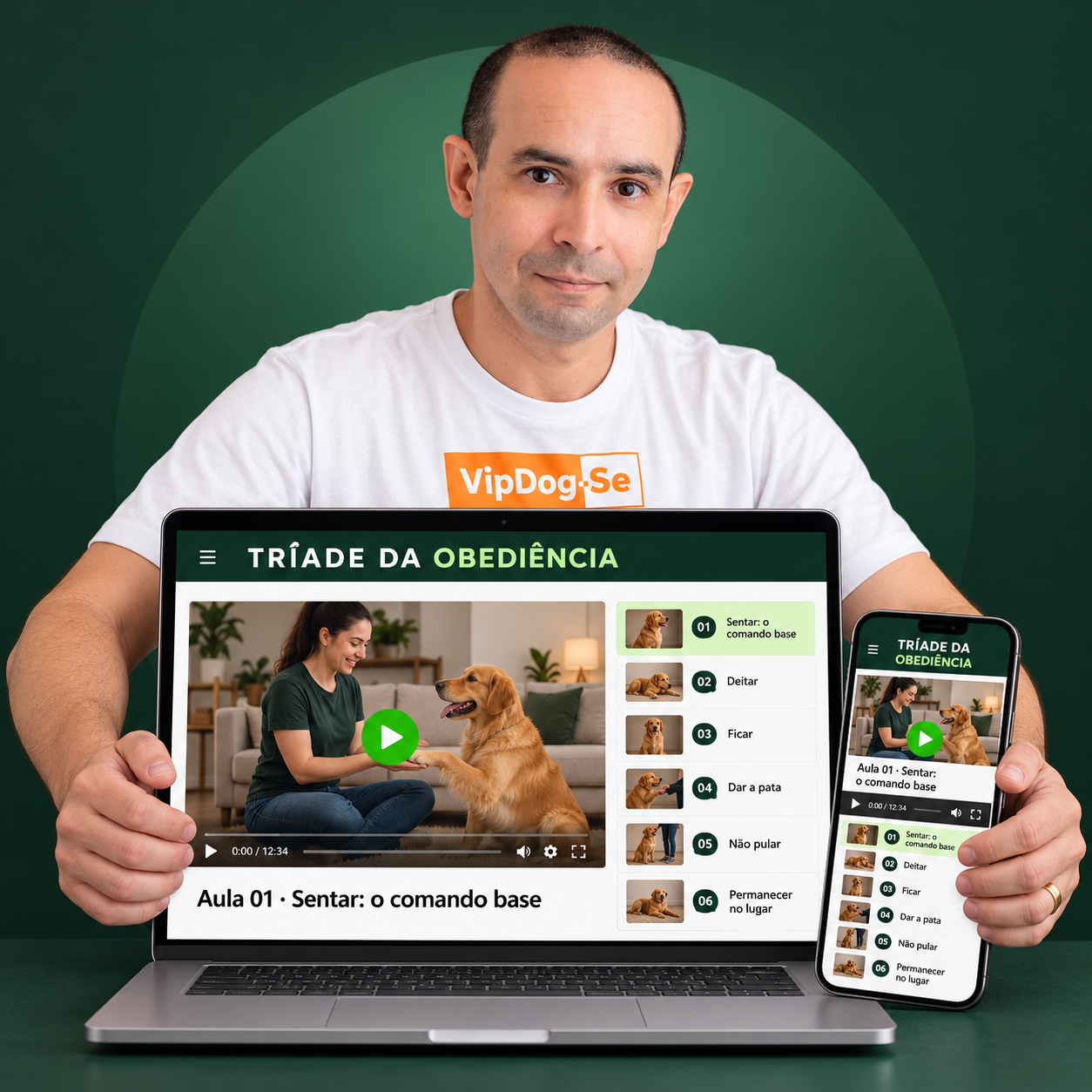 Tio Léo com o curso Tríade da Obediência no notebook e no celular