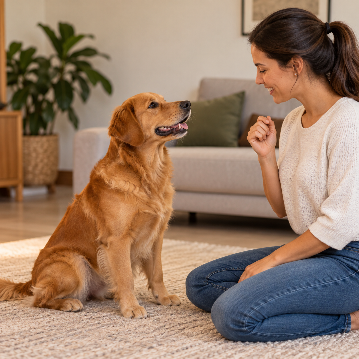 Cão sentado olhando atento para a tutora