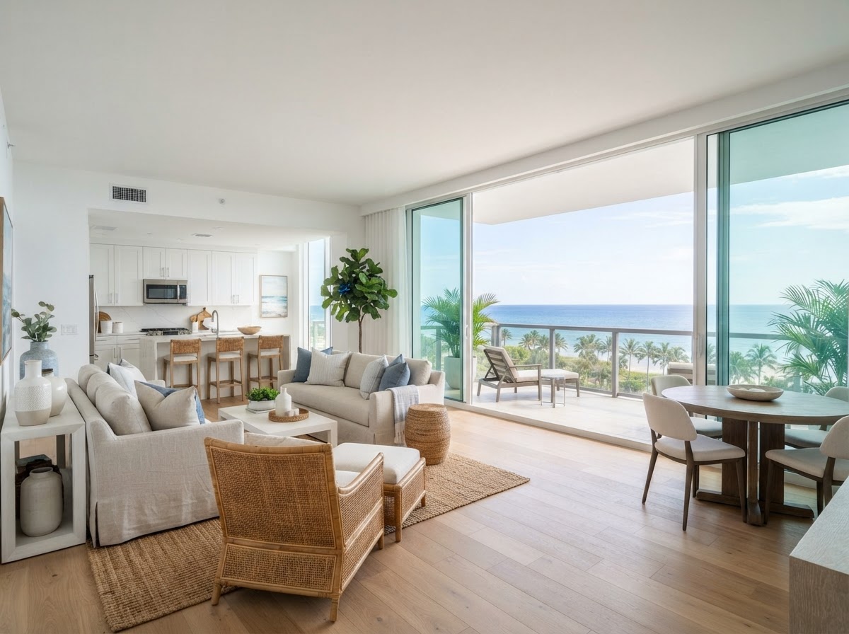 Bright, spotless Boca Raton living room overlooking a pool