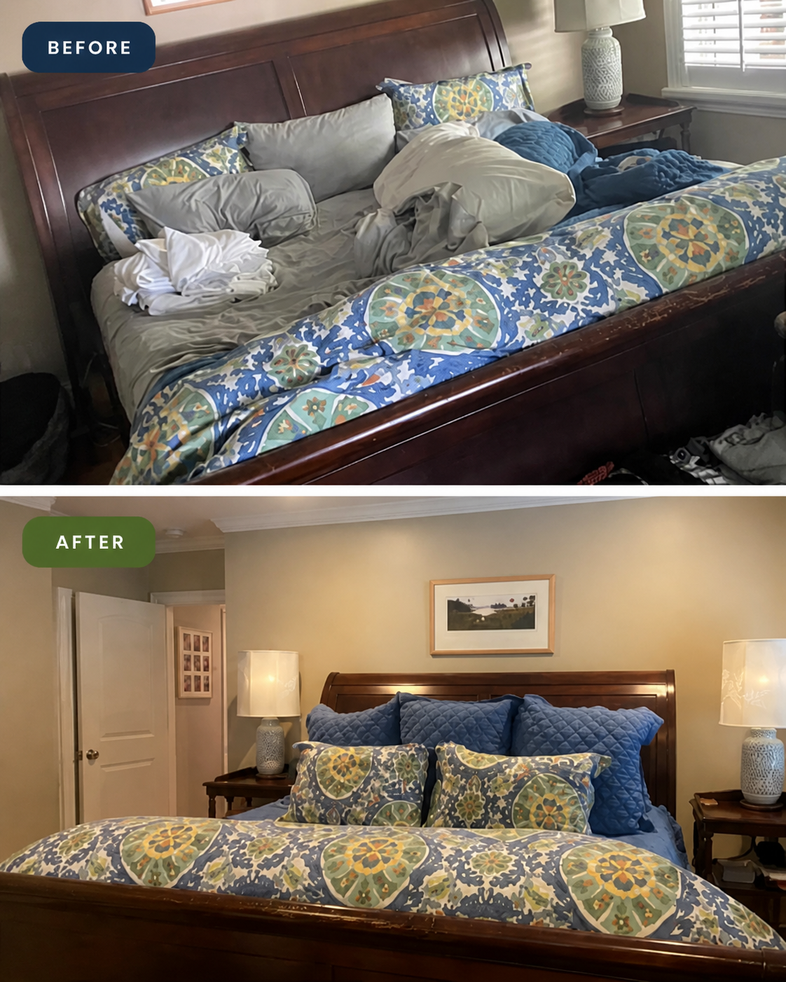 Bedroom before and after professional cleaning