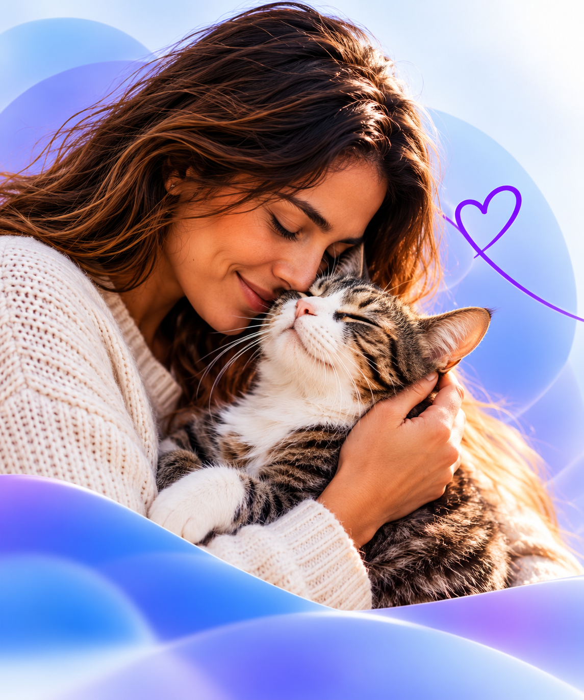 Mulher abraçando carinhosamente seu gato