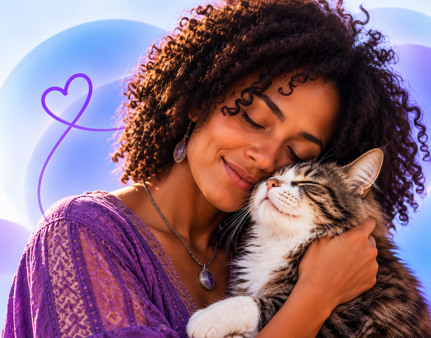 Mulher negra abraçando carinhosamente um gato