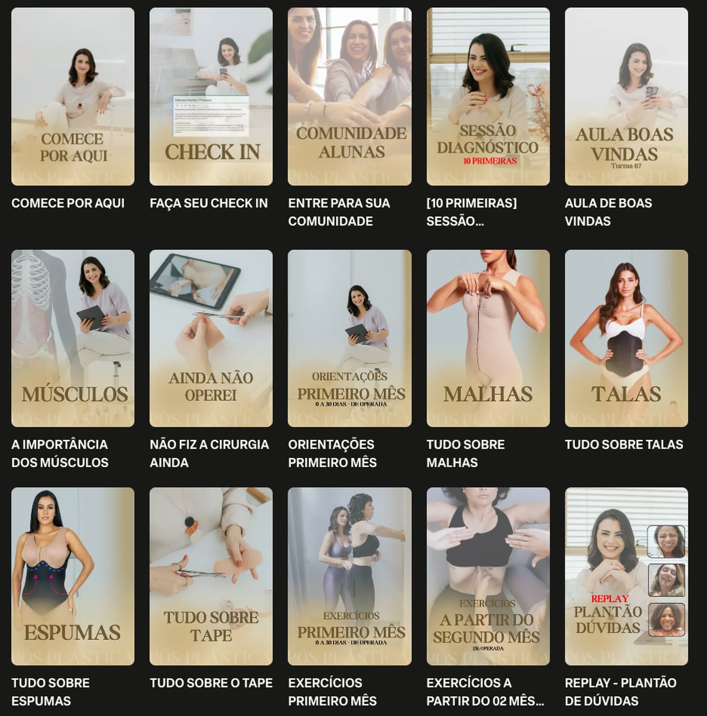 Trilhas da área de membros: Comece por aqui, Check-in, Comunidade, Sessão diagnóstico, Boas-vindas, Músculos, Não fiz a cirurgia ainda, Orientações do primeiro mês, Malhas, Talas, Espumas, Tape, Exercícios do primeiro mês, Exercícios a partir do 2º mês e Replay do plantão de dúvidas