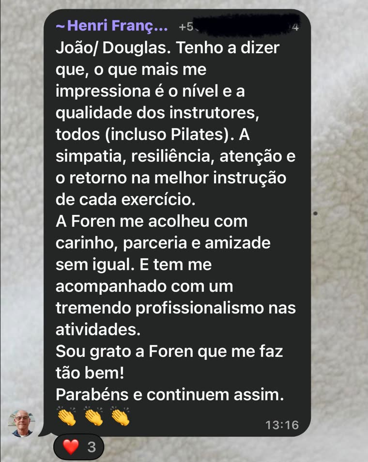 Depoimento de Henri no grupo de WhatsApp da Foren Wellness