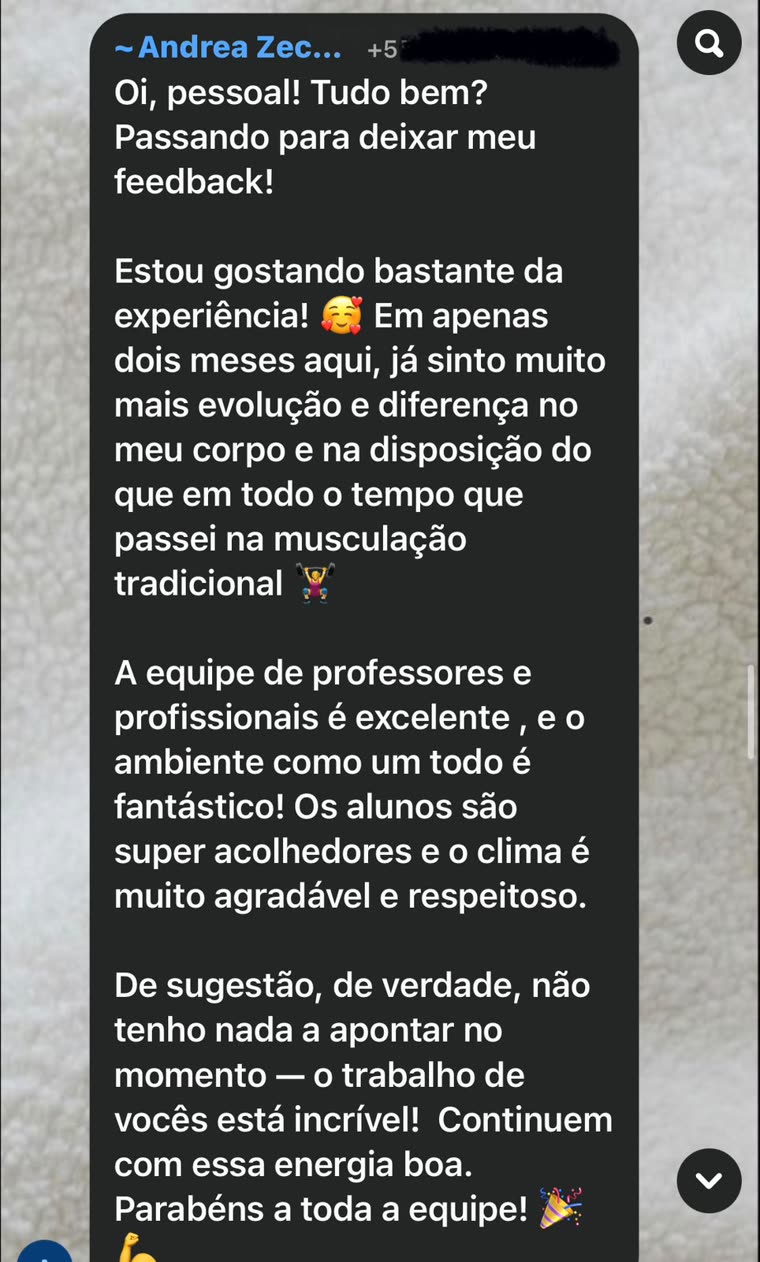 Depoimento de Andrea no grupo de WhatsApp da Foren Wellness