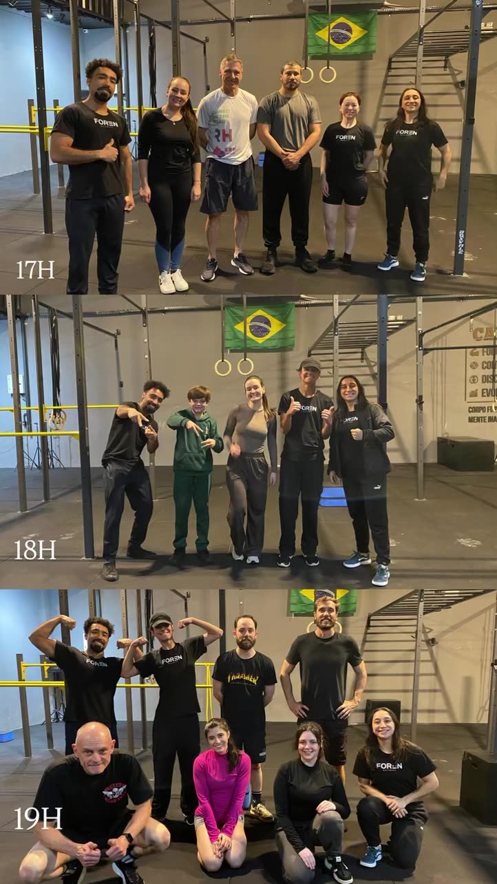Turmas da Foren Wellness reunidas ao final do treino — horários das 17h, 18h e 19h