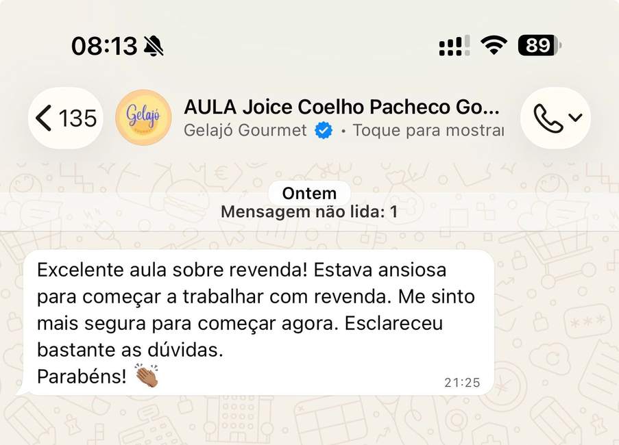 Feedback da aula de revenda no WhatsApp — elogio ao conteúdo