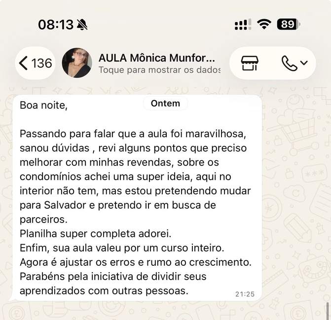 Feedback positivo sobre a aula de revenda
