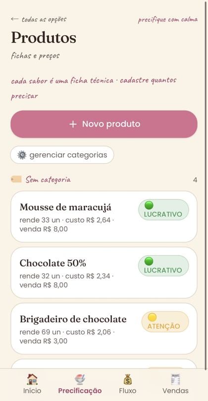 Tela de produtos do app, com cada sabor marcado como lucrativo ou atenção