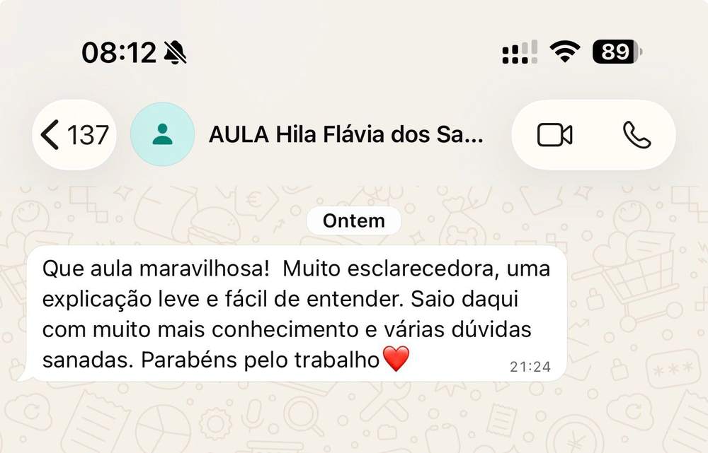Depoimento no WhatsApp sobre a aula de revenda