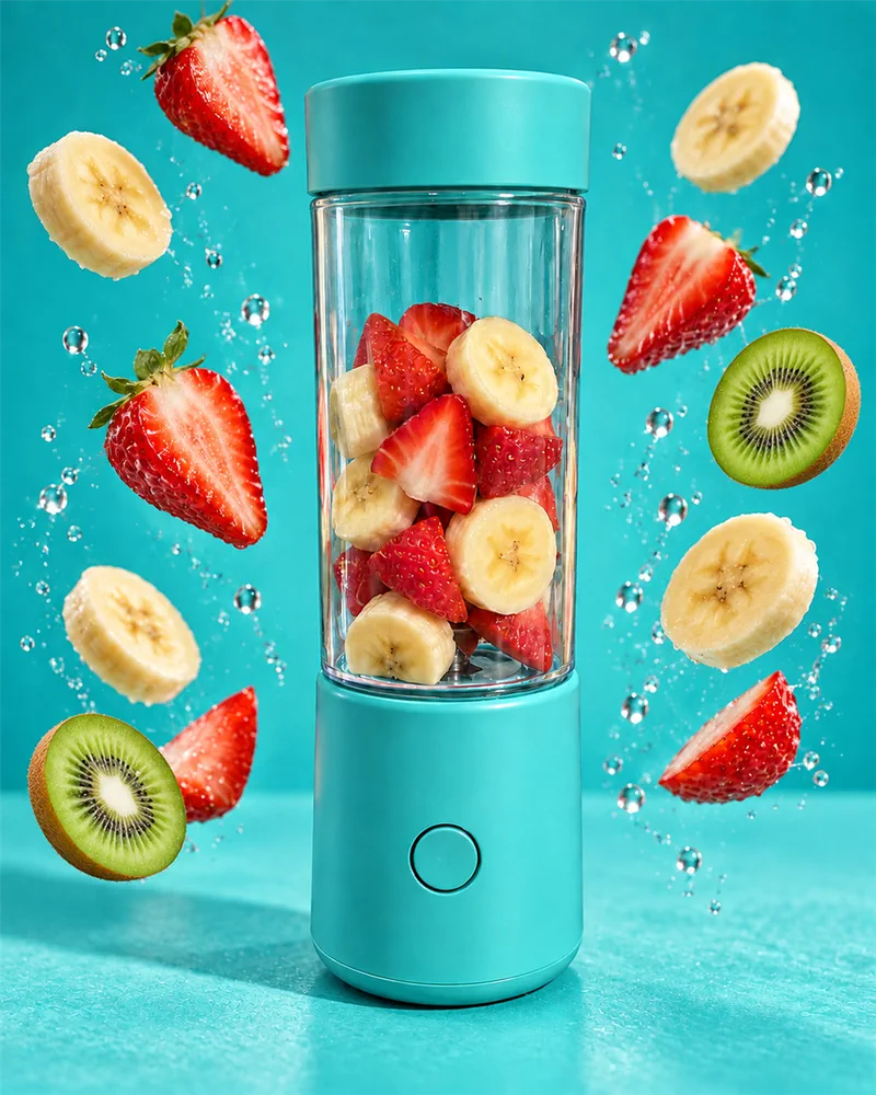Depois: Liquidificador portátil, fundo turquesa com frutas no ar