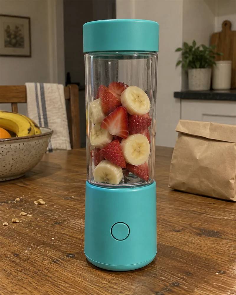 Antes: Liquidificador portátil, foto de celular na mesa da cozinha, luz de teto