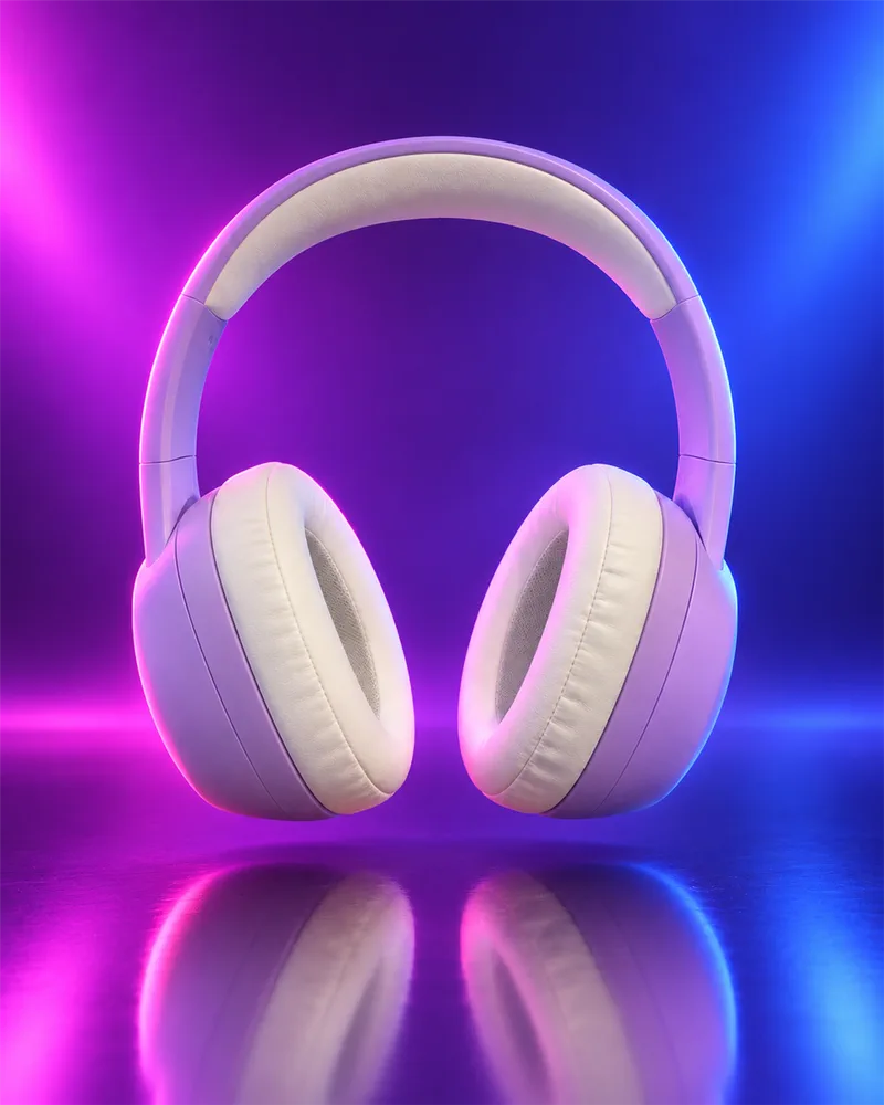 Depois: Fone de ouvido, fundo violeta com luz de recorte