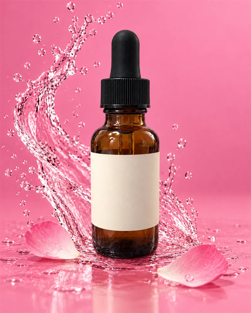 Depois: Sérum facial, fundo rosa com respingo de água