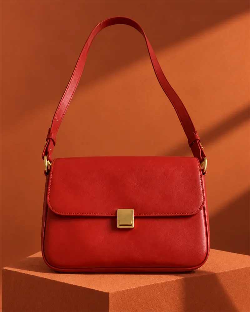 Depois: Bolsa de couro, no pedestal, fundo terracota