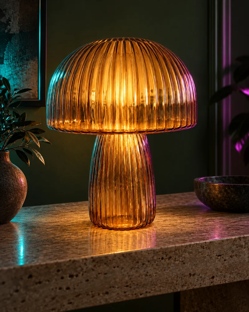 Depois: Luminária de vidro âmbar, acesa sobre travertino, com luz neon