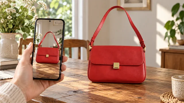 Mão fotografando uma bolsa vermelha com o celular, numa mesa de casa