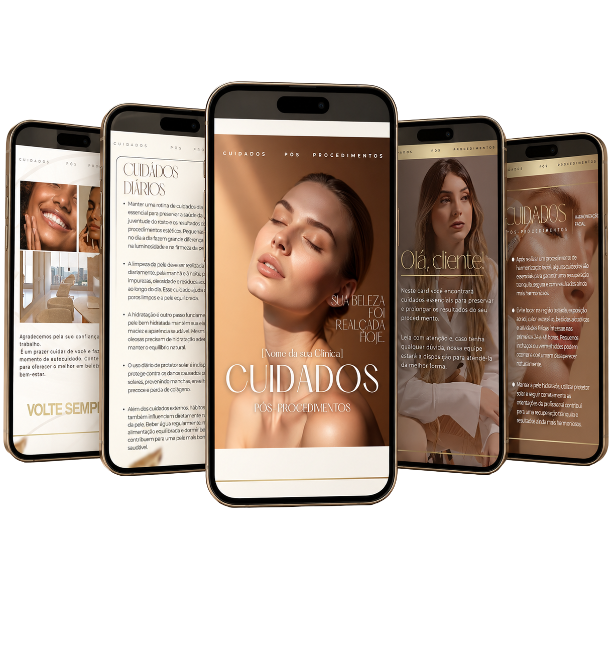 Prévias em celulares dos materiais de cuidados pós procedimentos, com capa, apresentação e páginas de orientações