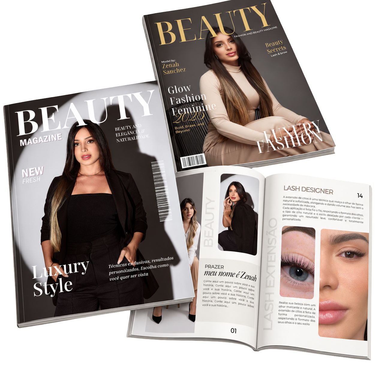 Duas capas de revistas Beauty e uma revista aberta com páginas internas sobre beleza e cílios