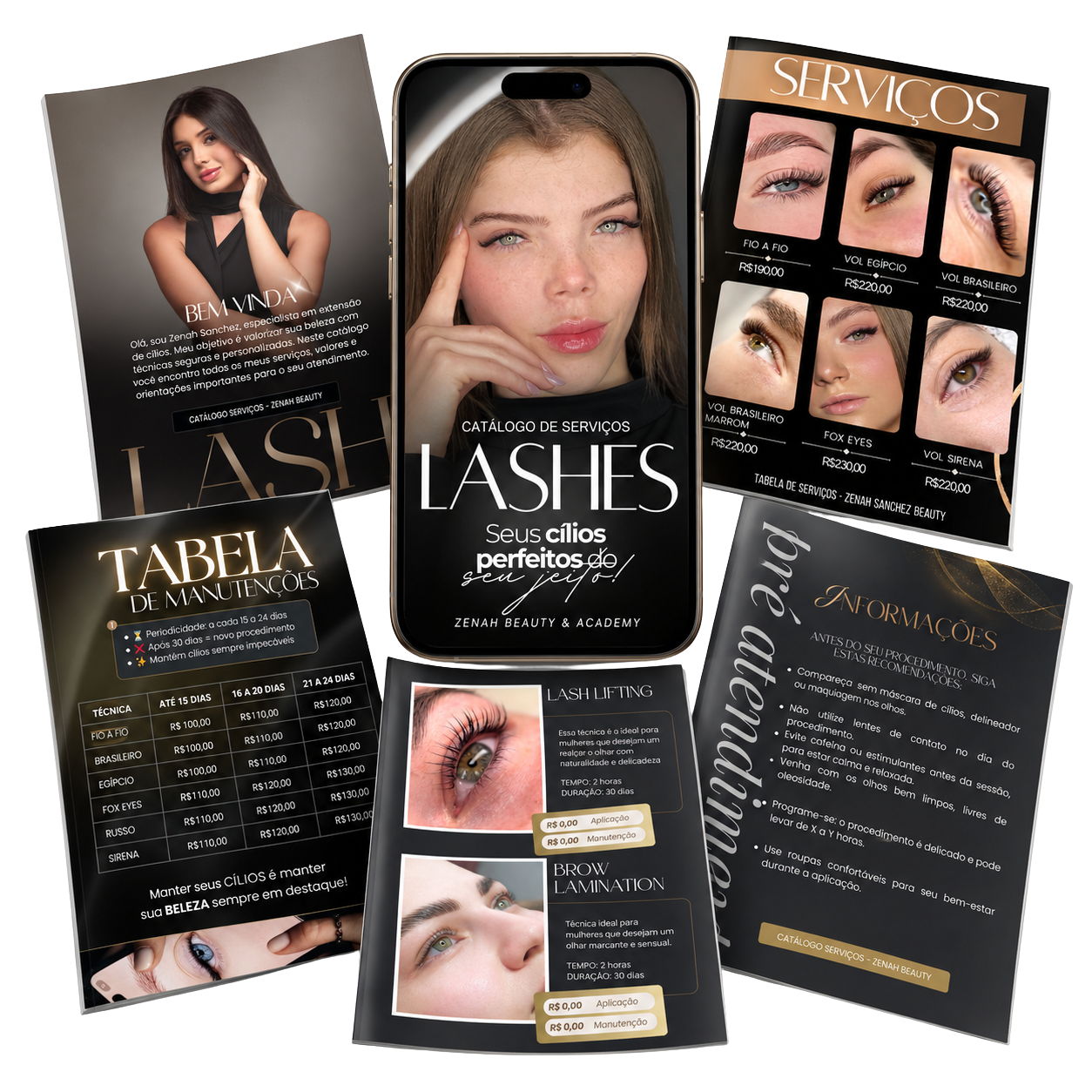 Catálogo de serviços Lashes em celular, com páginas de apresentação, serviços, manutenção e orientações