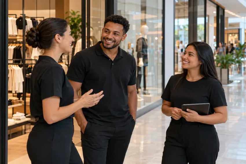 Equipe de uma loja conversando em um shopping