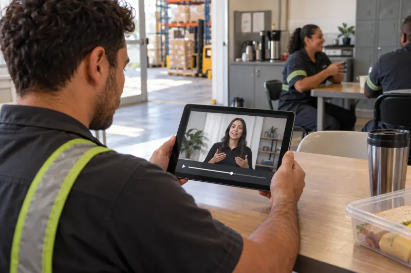 Colaborador assistindo a uma aula em vídeo no intervalo de trabalho