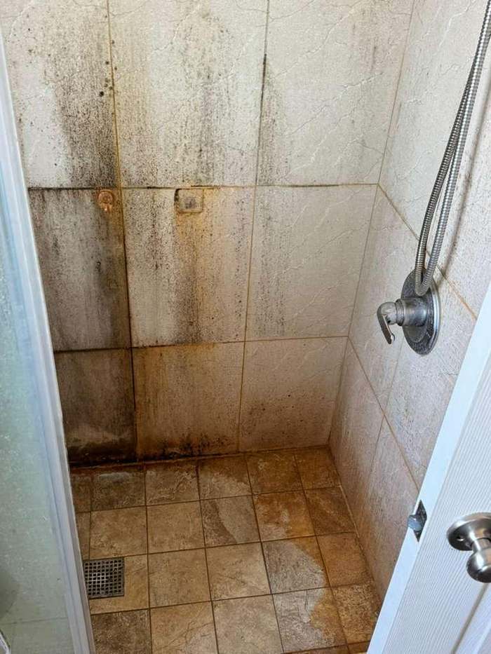 Shower with mold and soap scum before deep cleaning