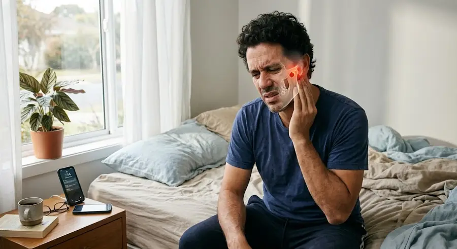 Homem acordando com dor e a mandíbula travada