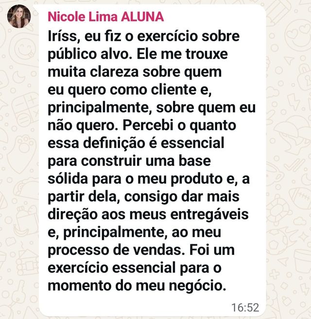 Depoimento em print de WhatsApp de aluna sobre o exercício de público-alvo