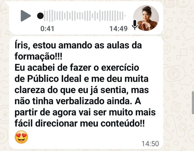 Depoimento em print de WhatsApp de aluna sobre o exercício de público ideal
