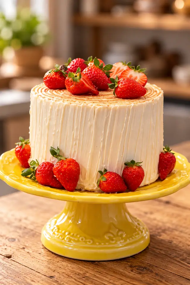 Bolo de rolo invertido coberto e decorado com morangos