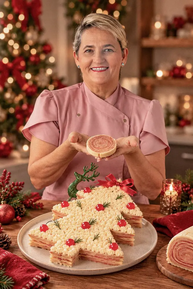 Tia Lila segurando uma fatia de bolo de rolo, com um bolo de rolo natalino em formato de árvore na mesa
