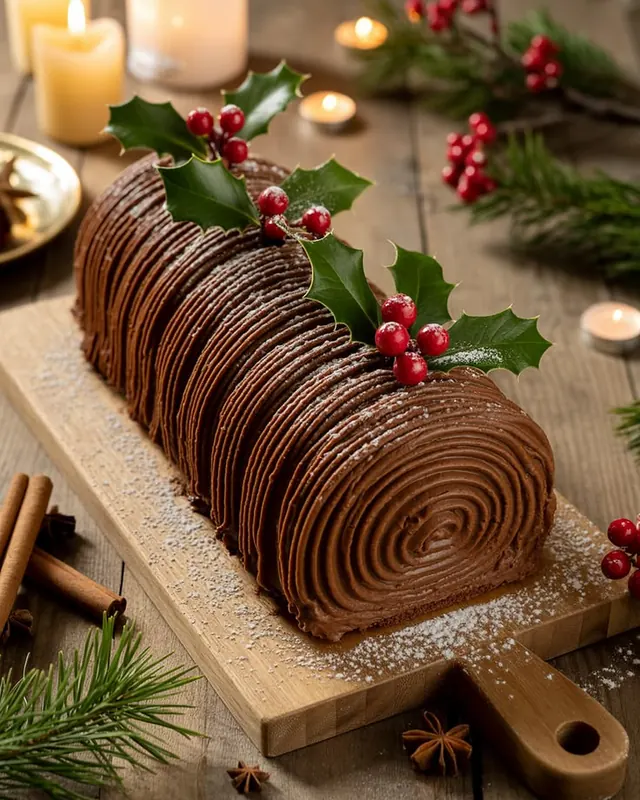 Bolo de rolo tradicional coberto com chocolate e decorado com folhas de azevinho para o Natal