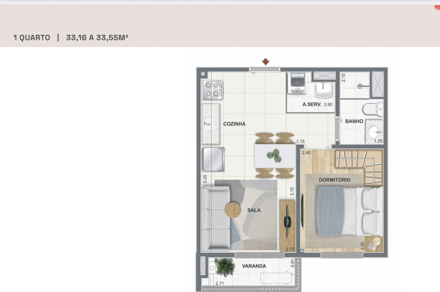 Planta de 1 quarto do Residencial Pixinguinha, de 33,16 a 33,55 metros quadrados