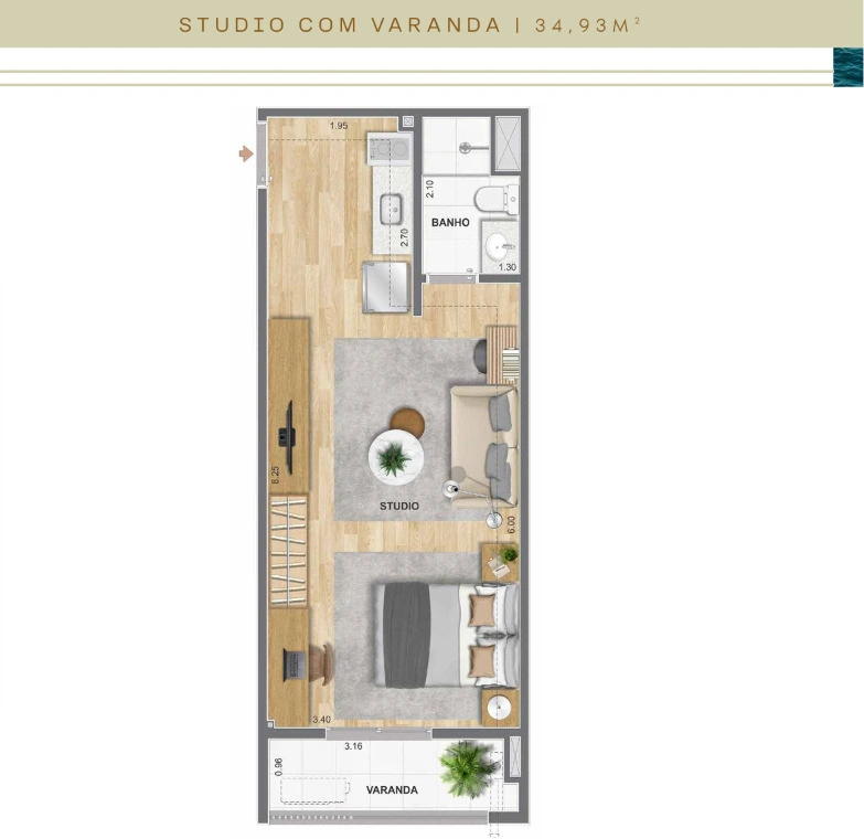 Planta de studio com varanda do Farol da Guanabara, 34,93 metros quadrados