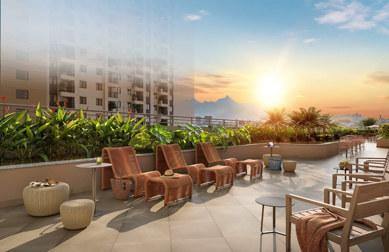Perspectiva do rooftop do Residencial Pixinguinha ao pôr do sol