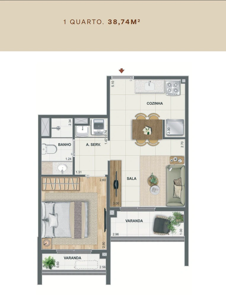 Planta de 1 quarto do Erê Residencial, 38,74 metros quadrados